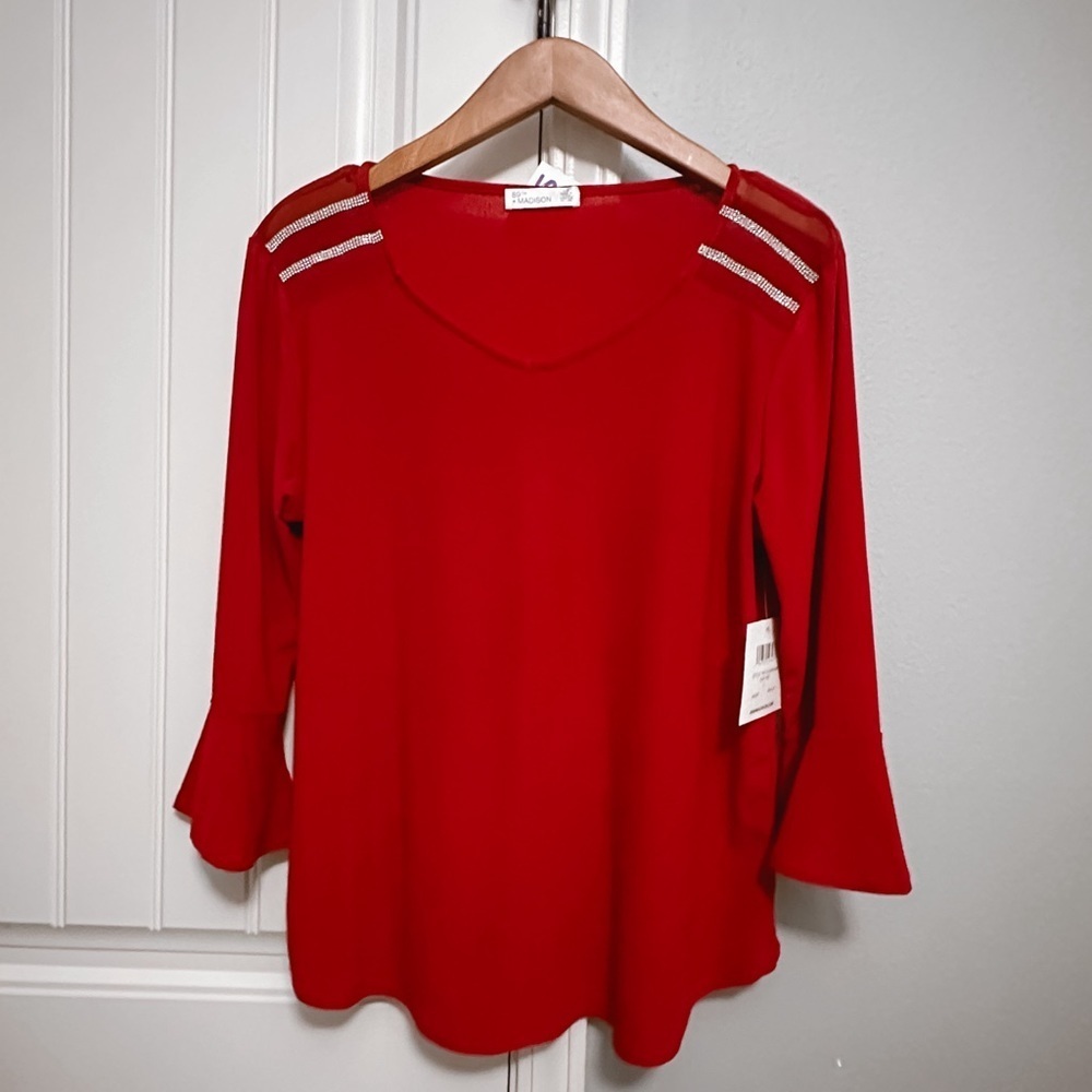 89th & Madison Womens Red V-Neck Bell Sleeve Blouse Rhinestone Studded Large NWT
